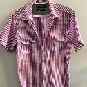 Men’s short sleeves shirt small stripes, purple & white, size large